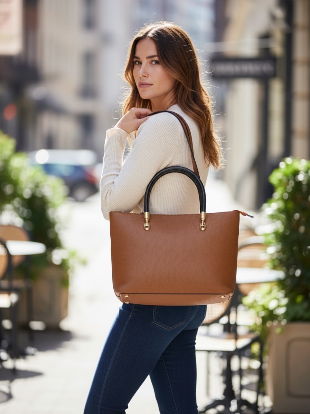 Valentina Tan Satchel with Black Handles